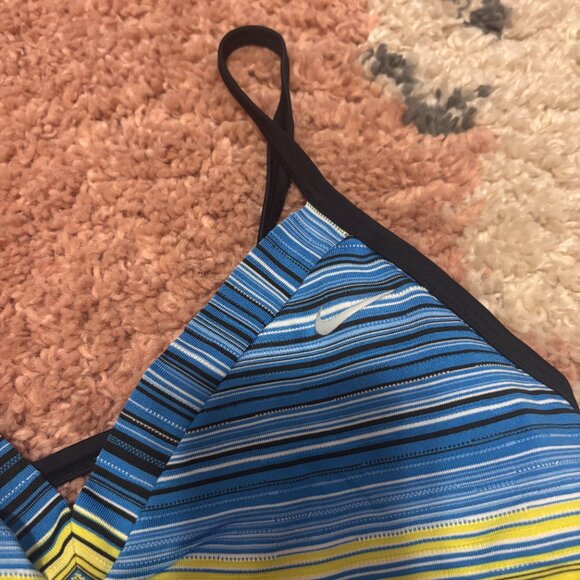 Nike Women Swimwear M/10 Blue Green Striped Tankini Cropped Swoosh Logo V Neck - Picture 2 of 6